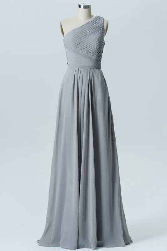 Grey Chiffon One-Shoulder Long Bridesmaid Dress