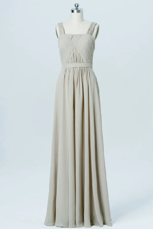 Grey Chiffon Wide Straps Banded Waist Bridesmaid Dress