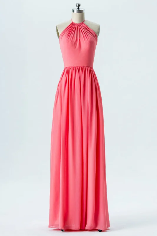 Hot Pink Halter Backless Bridesmaid Dress