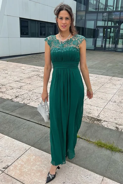 Hunter Green Chiffon Lace Cap Sleeve Bridesmaid Dress