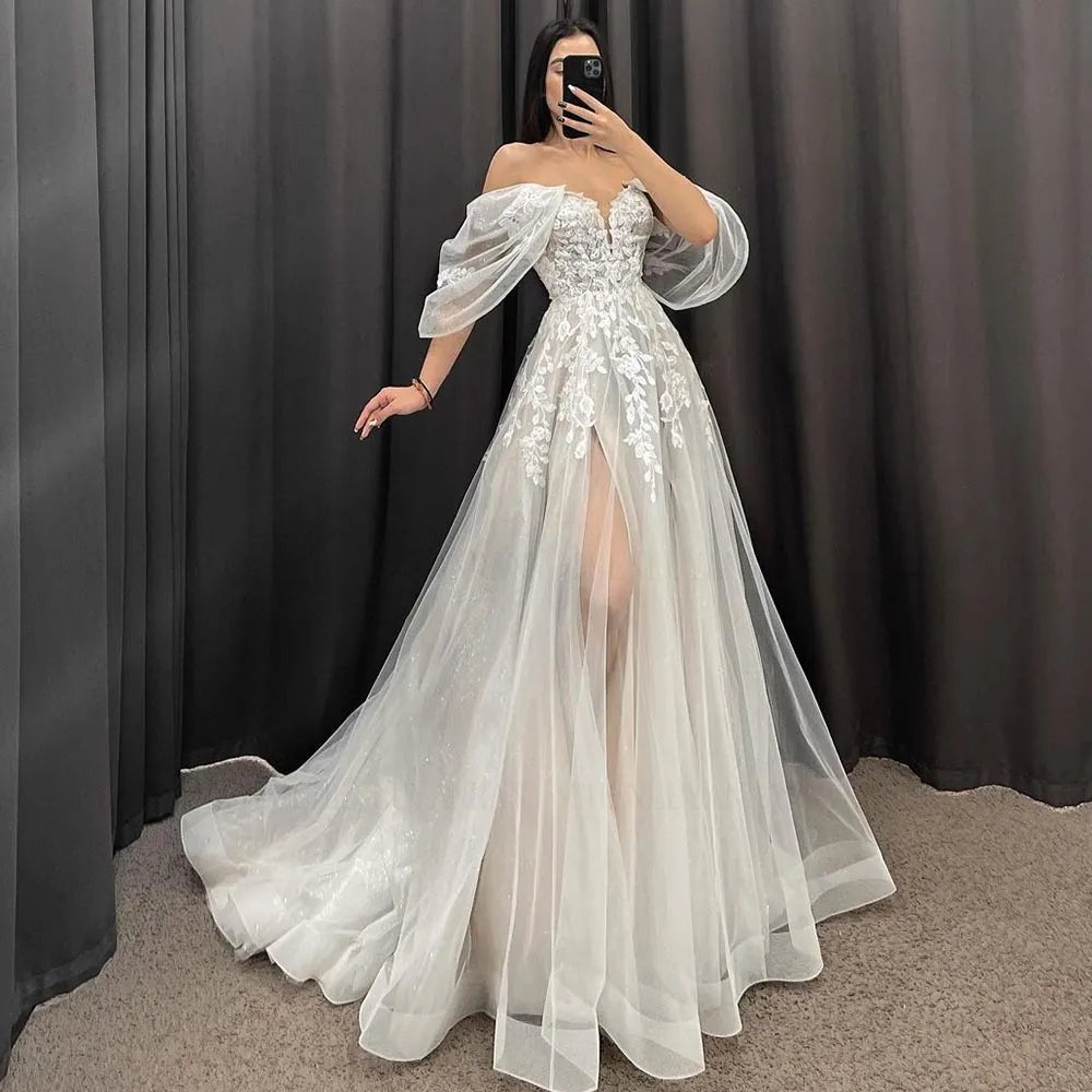 Ivory A-Line Wedding Dresses Women V-Neck Short Sleeves Long Bride Dress Sweep Train Lace Applique Custom Occasion Gowns Ivory A-Line Wedding Dresses Women V-Neck Short Sleeves Long Bride Dress Sweep Train Lace Applique Custom Occasion Gowns