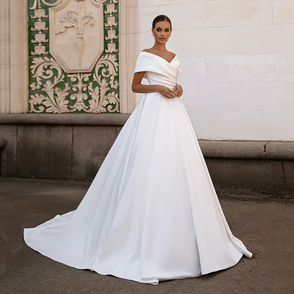 Gorgeous Ball Gown Wedding Dresses Off The Shoulder V Neck Simple Satin Sweep Train Corset Bridal Dress Gorgeous Ball Gown Wedding Dresses Off The Shoulder V Neck Simple Satin Sweep Train Corset Bridal Dress