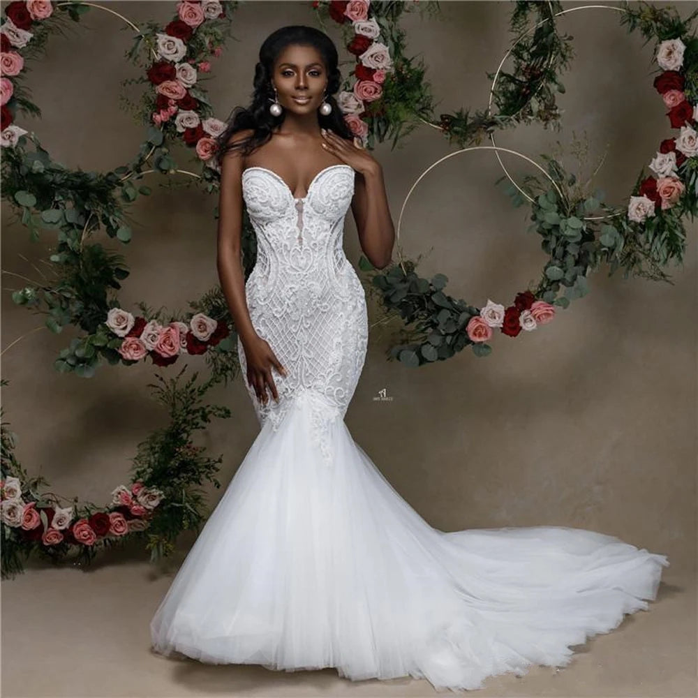 KapokDressy African Sweetheart Mermaid Wedding Dresses Newest Strapless Lace Beaded Wedding Gowns Applique Bridal Dresses KapokDressy African Sweetheart Mermaid Wedding Dresses Newest Strapless Lace Beaded Wedding Gowns Applique Bridal Dresses