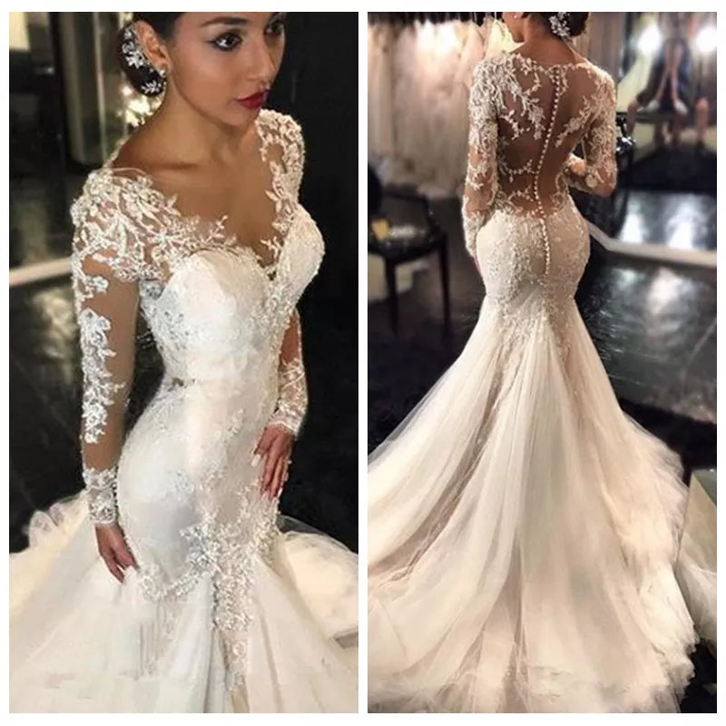 Lace Mermaid Wedding White Dresses Dubai African Arabic See Through Wedding Dress Long Sleeves Slim Fishtail Bridal Gowns 2024 Lace Mermaid Wedding White Dresses Dubai African Arabic See Through Wedding Dress Long Sleeves Slim Fishtail Bridal Gowns 2024