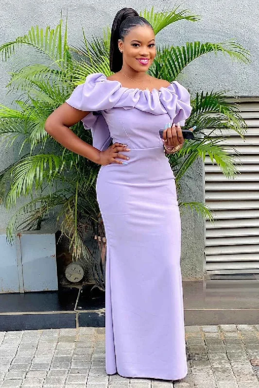 Lavender Off-the-Shoulder Ruffled Sheath Long Bridesmaid Dress