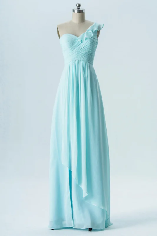 Light Blue One-Shoulder Ruffled Bridesmaid Dress