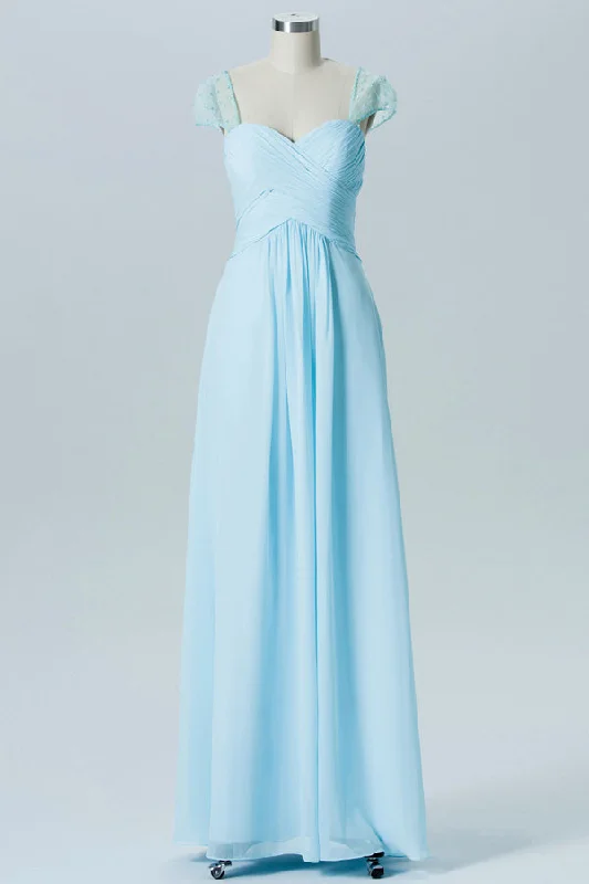 Light Blue Sweetheart Sheer Puff Sleeve Bridesmaid Dress