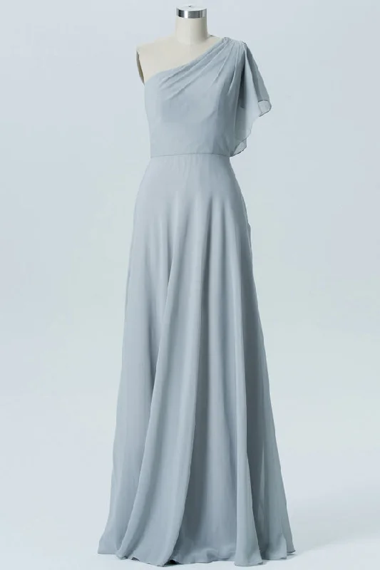 Light Grey One Sleeve Long Bridesmaid Dress