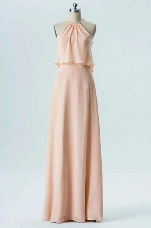 Light Orange Chiffon Halter Ruffled Bridesmaid Dress