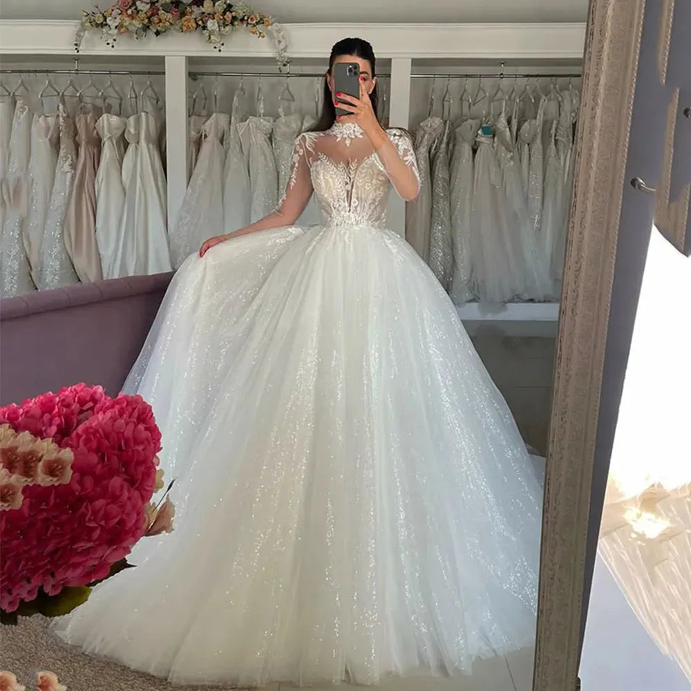 Long Sleeve Mermaid Wedding Dresses 2023 New High Collar Exquisite Lace Appliques Elegant Fluffy Mopping Bride Dresses Women Long Sleeve Mermaid Wedding Dresses 2023 New High Collar Exquisite Lace Appliques Elegant Fluffy Mopping Bride Dresses Women