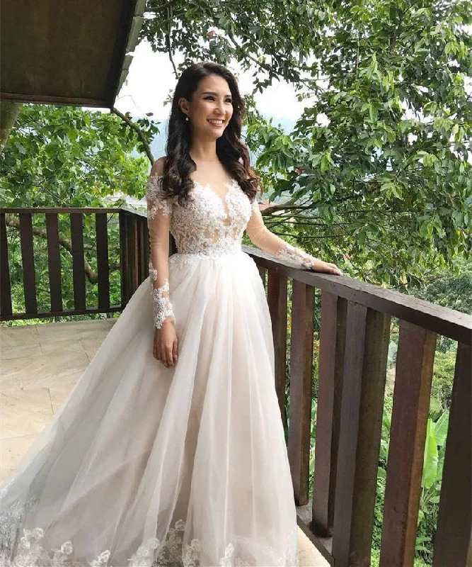 Long Sleeves Lace Tulle Wedding Dresses, A-line Wedding Dresses, Bridal Gown, Affordable Wedding Dresses Long Sleeves Lace Tulle Wedding Dresses, A-line Wedding Dresses, Bridal Gown, Affordable Wedding Dresses