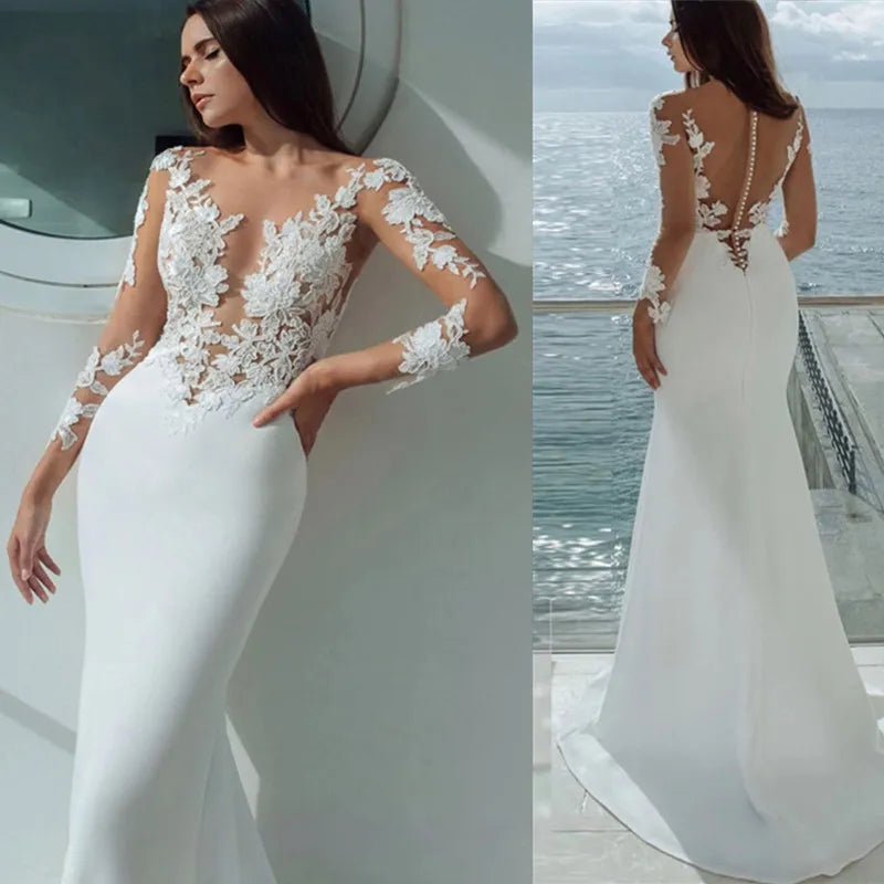 Long Sleeves Mermaid Wedding Dresses White Sexy Illusion Neck Lace Appliques Elegant Bridal Dress Gowns Beach Vestidos De Noiva Long Sleeves Mermaid Wedding Dresses White Sexy Illusion Neck Lace Appliques Elegant Bridal Dress Gowns Beach Vestidos De Noiva