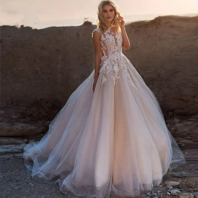 Scoop Lace Applique A Line Wedding Dresses Sleeveless Tulle Boho Bridal Gowns Long Train Elegant Princess Dresses Scoop Lace Applique A Line Wedding Dresses Sleeveless Tulle Boho Bridal Gowns Long Train Elegant Princess Dresses