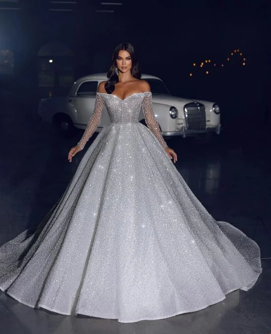 Arabia Glitter Princess Wedding Dresses Off Shoulder Sparkly Long Sleeves Bridal Gowns A-Line Dubai Pageant Bride Dress Arabia Glitter Princess Wedding Dresses Off Shoulder Sparkly Long Sleeves Bridal Gowns A-Line Dubai Pageant Bride Dress
