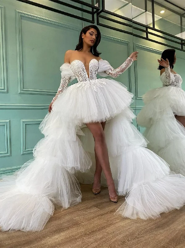 Off Shoulder Lace Tulle Wedding Dresses, Hi-low Wedding Dresses, Detachable Tulle Wedding Gown, Bridal Gown, Wedding Dresses Off Shoulder Lace Tulle Wedding Dresses, Hi-low Wedding Dresses, Detachable Tulle Wedding Gown, Bridal Gown, Wedding Dresses