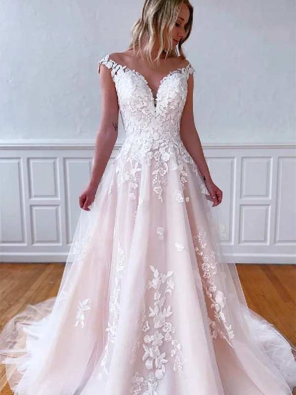 Off The Shoulder Blush Pink Lace Tulle Wedding Dresses, Long Bridal Gown, 2021 Wedding Dresses Off The Shoulder Blush Pink Lace Tulle Wedding Dresses, Long Bridal Gown, 2021 Wedding Dresses