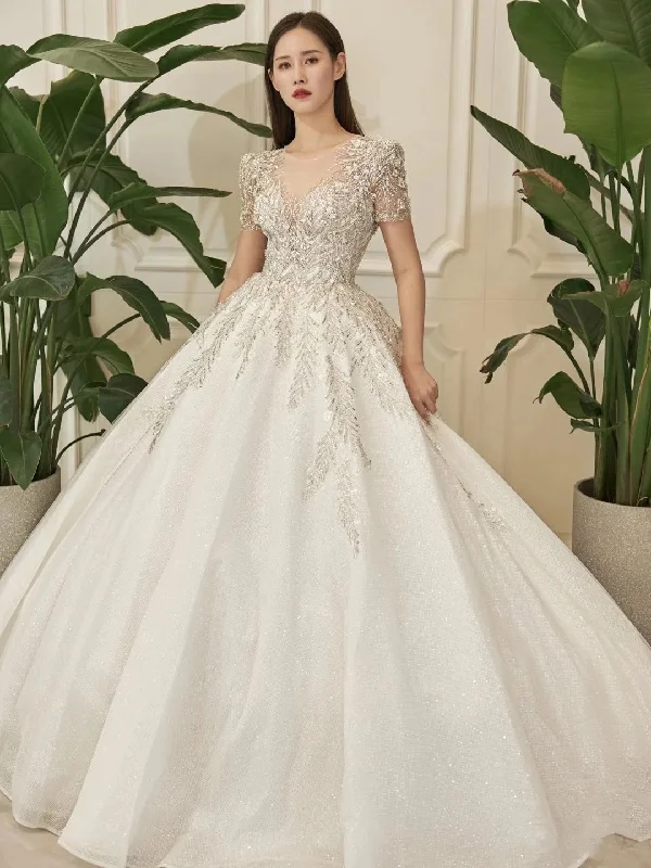 Short Sleeves Beaded Lace A-line Wedding Dresses, Long Bridal Gown, Shemmering Wedding Dresses Short Sleeves Beaded Lace A-line Wedding Dresses, Long Bridal Gown, Shemmering Wedding Dresses