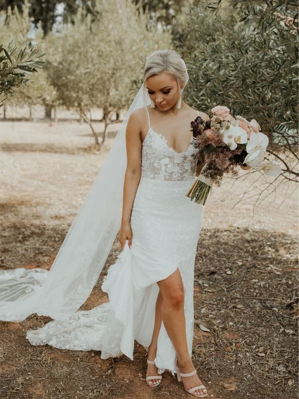 Simple Spaghetti Strap Tulle Lace Slit Wedding Dresses, V-back Lace Wedding Dresses Simple Spaghetti Strap Tulle Lace Slit Wedding Dresses, V-back Lace Wedding Dresses