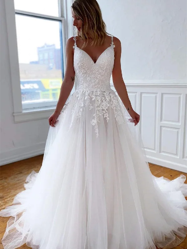 Spaghetti Lace Tulle A-line Wedding Dresses, Ivory Popular Bridal Gown, Wedding Dresses Spaghetti Lace Tulle A-line Wedding Dresses, Ivory Popular Bridal Gown, Wedding Dresses