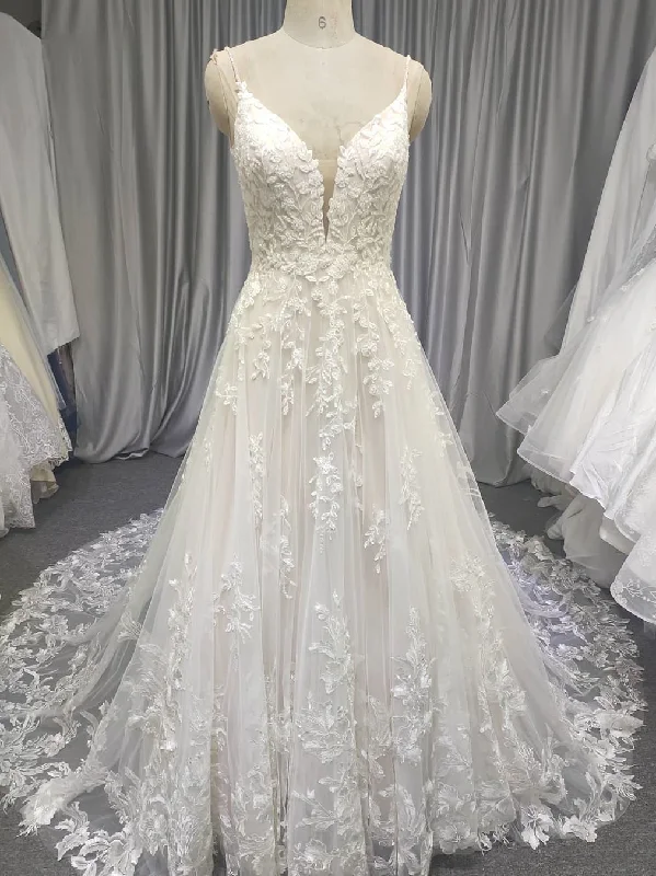 Spaghetti Long Lace Wedding Dresses, Romantic Wedding Dresses, A-line Wedding Dresses, Long Wedding Dresses, Bridal Gown Spaghetti Long Lace Wedding Dresses, Romantic Wedding Dresses, A-line Wedding Dresses, Long Wedding Dresses, Bridal Gown
