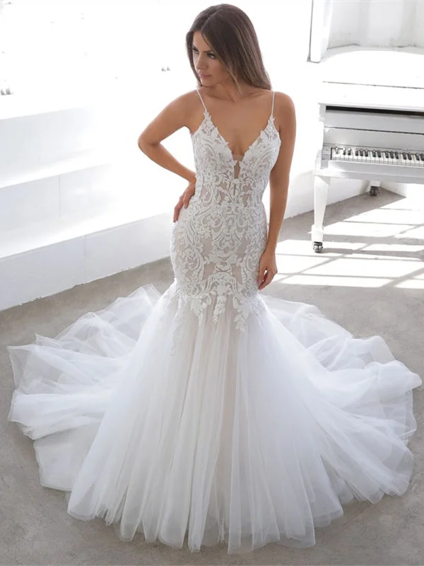 Spaghetti Long Mermaid Lace Tulle Wedding Dresses, Lace Mermaid Wedding Dresses, Newest 2020 Wedding Gown Spaghetti Long Mermaid Lace Tulle Wedding Dresses, Lace Mermaid Wedding Dresses, Newest 2020 Wedding Gown