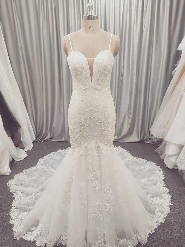 Spaghetti Long Mermaid Lace Wedding Dresses, Handmade Lace Wedding Dresses, Long Wedding Dresses, Bridal Gown Spaghetti Long Mermaid Lace Wedding Dresses, Handmade Lace Wedding Dresses, Long Wedding Dresses, Bridal Gown