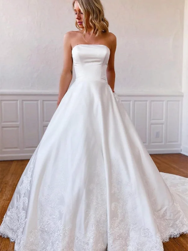 Strapless Ivory Satin Lace Wedding Dresses, Vintage Long Bridal Gown, 2021 Wedding Dresses Strapless Ivory Satin Lace Wedding Dresses, Vintage Long Bridal Gown, 2021 Wedding Dresses
