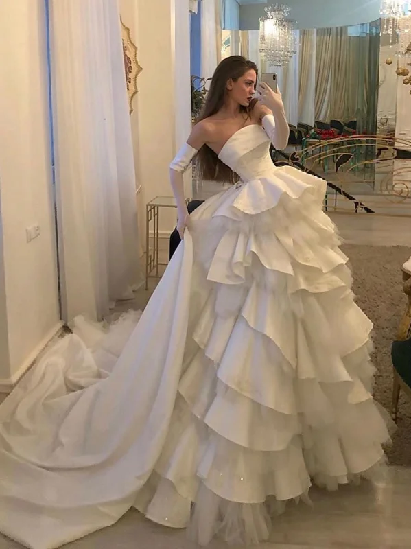 Strapless Long Cupcake Dresses, Layers Satin Tulle Bridal Gown, Vintage Wedding Dresses Strapless Long Cupcake Dresses, Layers Satin Tulle Bridal Gown, Vintage Wedding Dresses