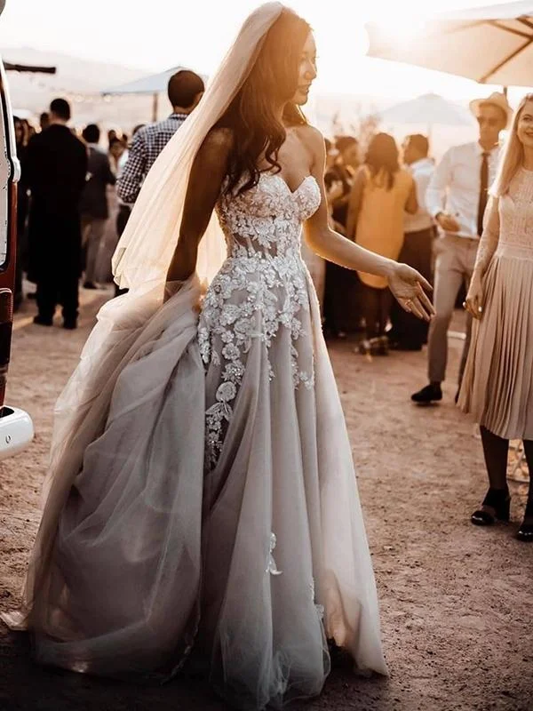 Sweetheart Long A-line Lace Tulle Prom Dresses, Side Slit Romantic Wedding Gown, Country Wedding Dresses Sweetheart Long A-line Lace Tulle Prom Dresses, Side Slit Romantic Wedding Gown, Country Wedding Dresses