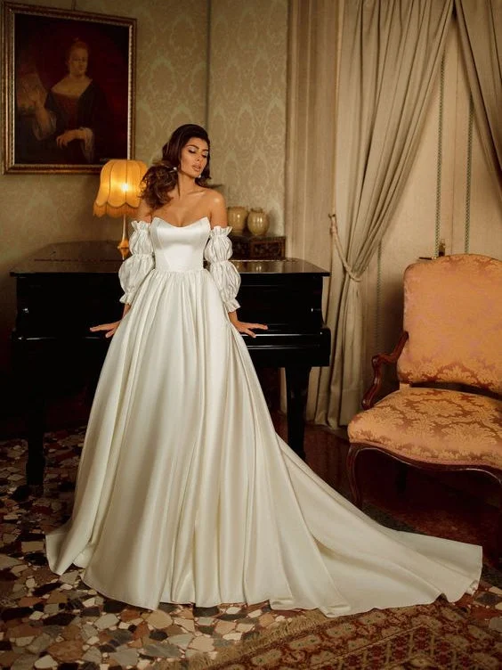 Sweetheart Satin Wedding Dresses With Separately Bubble Sleeves, Elegant Long Wedding Dresses, Popular 2021 Wedding Dresses Sweetheart Satin Wedding Dresses With Separately Bubble Sleeves, Elegant Long Wedding Dresses, Popular 2021 Wedding Dresses