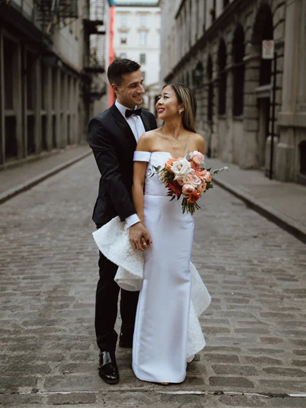 Unique Off The Shoulder Newest Bridal Gowns, Lace Elegant Long Satin Wedding Dresses Unique Off The Shoulder Newest Bridal Gowns, Lace Elegant Long Satin Wedding Dresses