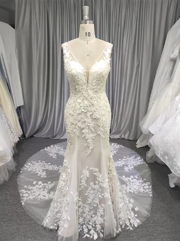 V-neck Lace Tulle Wedding Dresses, Long Wedding Dresses, Bridal Gown, Mermaid Wedding Dresses, Popular Wedding Dresses V-neck Lace Tulle Wedding Dresses, Long Wedding Dresses, Bridal Gown, Mermaid Wedding Dresses, Popular Wedding Dresses