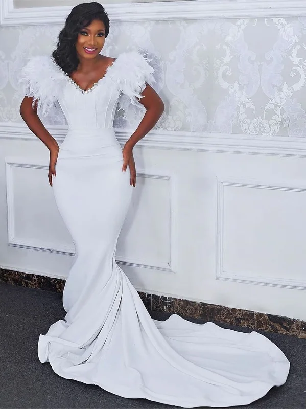 V-neck Long Mermaid Jersey Feather Wedding Dresses, Elegant Bridal Gown, 2020 Wedding Dresses V-neck Long Mermaid Jersey Feather Wedding Dresses, Elegant Bridal Gown, 2020 Wedding Dresses