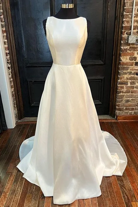White Satin Crew Neck Bow-Back A-Line Wedding Dress